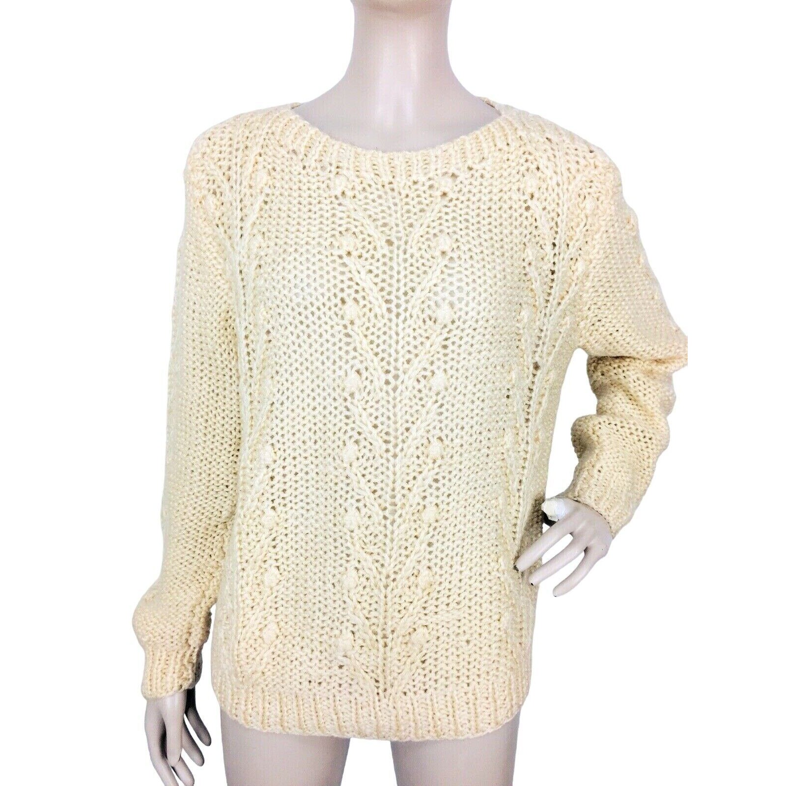 Vintage 80s Bernadette Womens Beige Chunky Knit Crochet Sweater Size SM